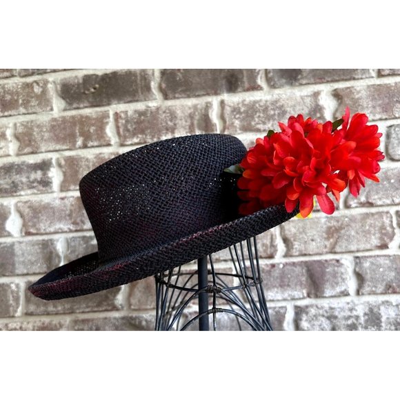 VTG The Scala Collection Black Straw Weave Hat Flower Embellishments Cru… - Picture 5 of 12